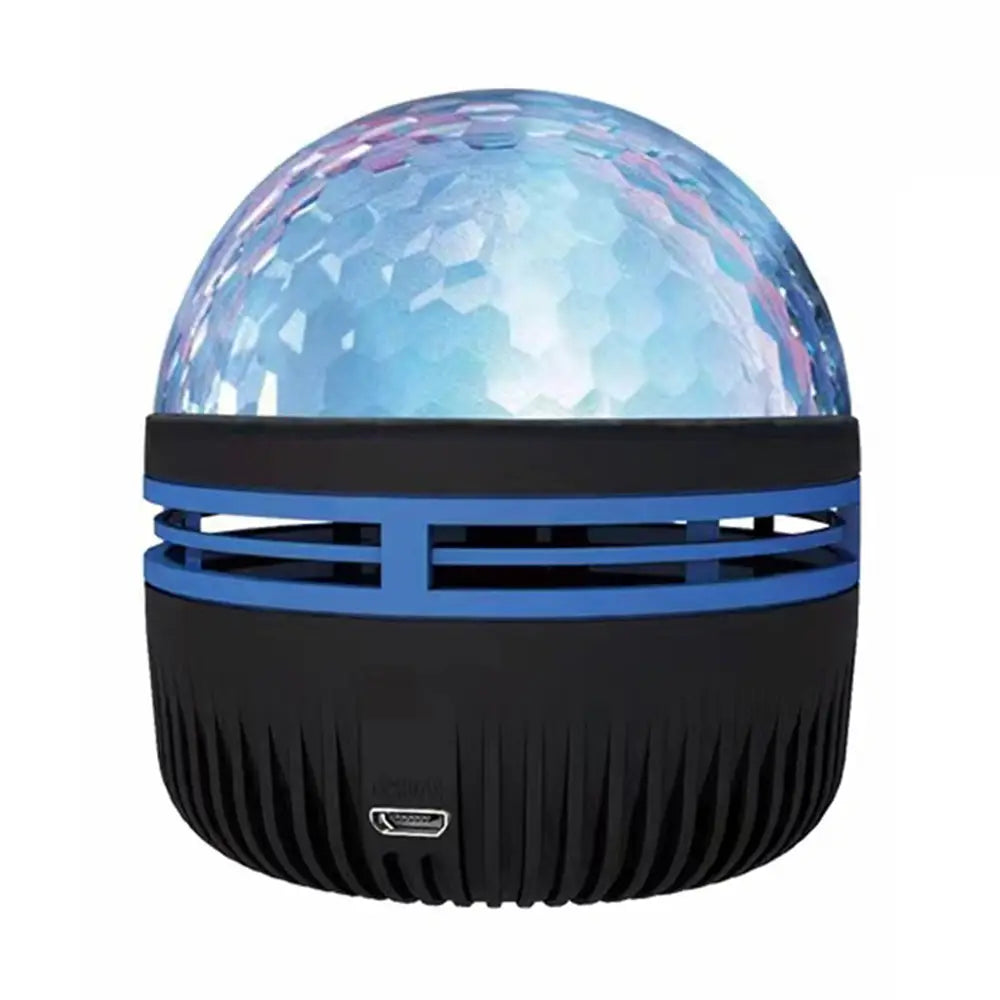 Enceinte de boule disco portable à DEL bleu et noir, avec une coupole facettée texturée, conçue comme un projecteur de ciel étoilé et une veilleuse.