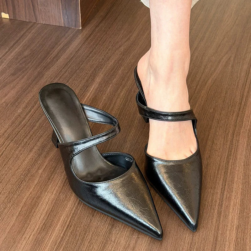 Women's Slippers and Ladies Sandals Leather Sexy Slides Black Shoes Pointed Toe Mules Korea Style Chic Elegant on Sale
