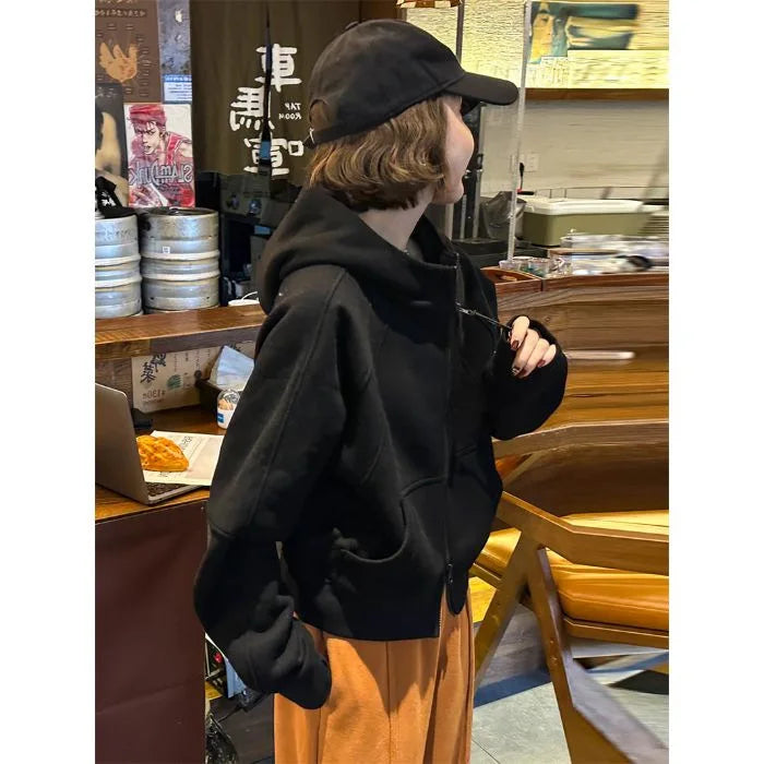 Women Solid Hoodies Fleeced Short Sweatshirts Long Sleeves Hooded Double Zipper Loose Fit Office Lady Elegant Casual 2026 Spring