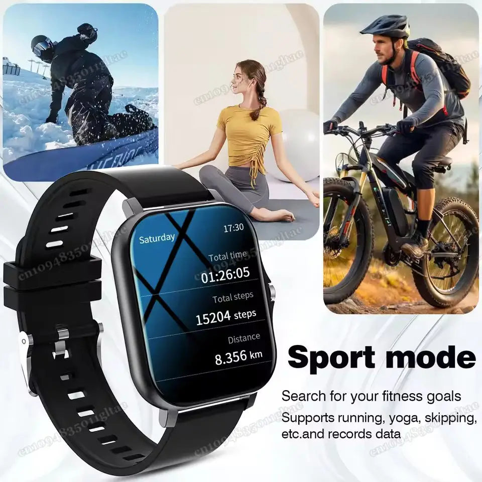 Reloj inteligente Bluetooth 2.01 HD para fitness color negro, con pantalla rectangular, que muestra datos de actividad física y una correa de silicona negra a juego.