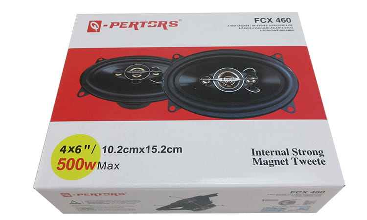 Schwarze oval geformte 4x6-Autolautsprecher mit silbernen Hochtönern und einer roten sowie weißen Markenbox mit 500-W-Koaxial-Audioleistung.