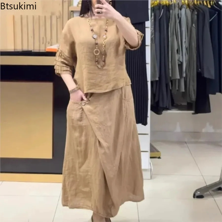 2025 New Chic Women's Two Piece Set Casual Solid Color Blouse Top And Loose Midi Skirt Suit 2 Piece Sets Lady Elegant Outfit