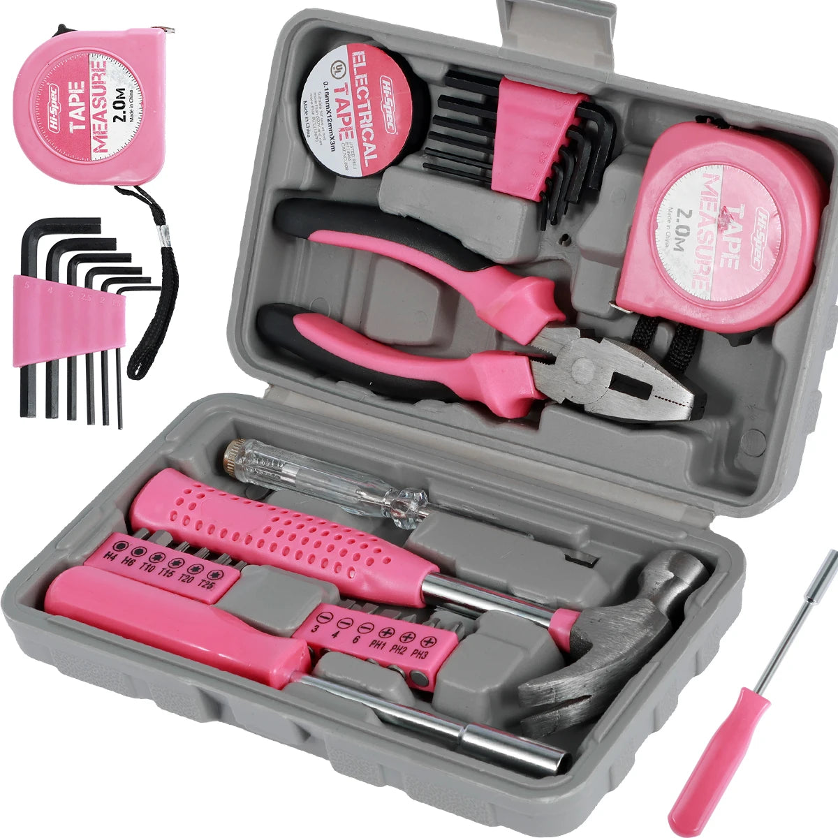 13/24Pcs Household Repair Tool Kit Multi-Purpose Pink Home Hand Tool Set with Storage Case Durable Hammer and Allen Key Set