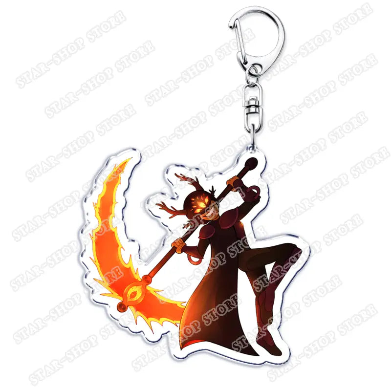 A translucent orange and black acrylic Amphibia anime keychain featuring a stylized character with antlers wielding a flaming scythe.