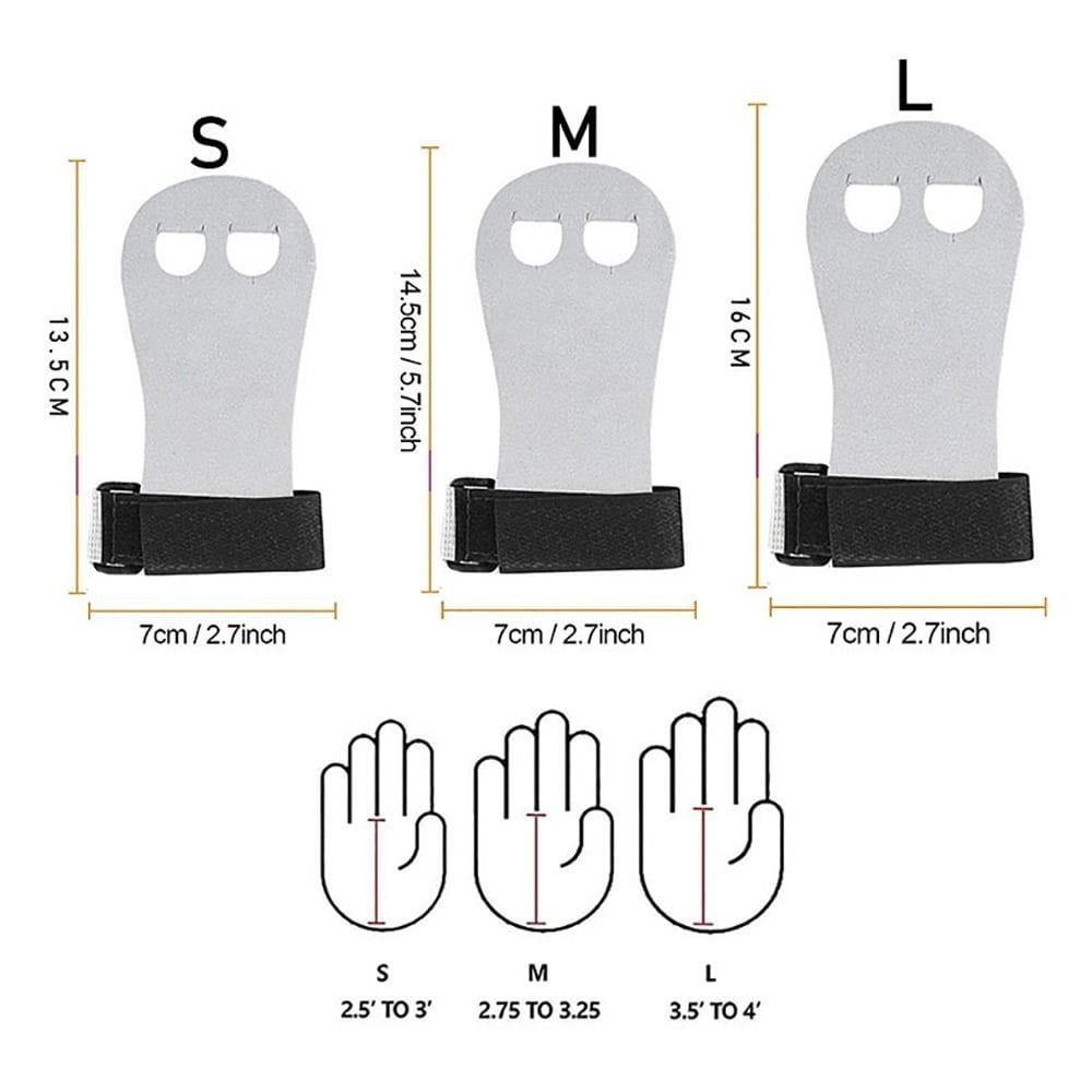 Kids gymnastics grips and wristbands set featuring gray grip pads with black elastic straps available in small medium and large sizes.