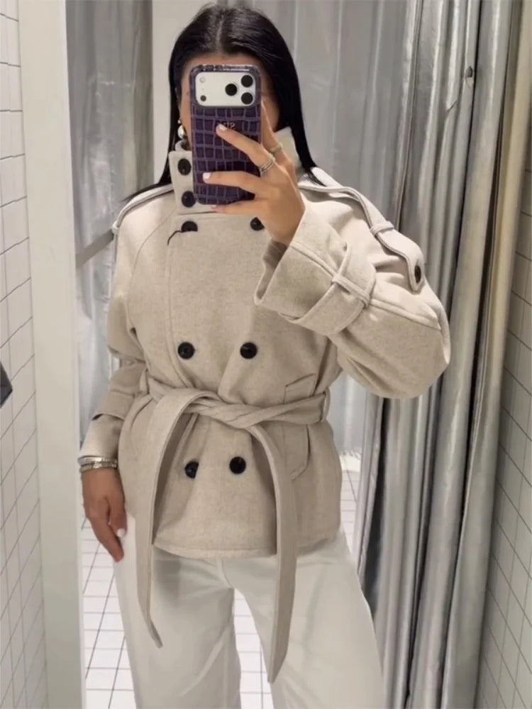 Women Short Wool Blend Coat Stand Collar Double Breasted Belted Waist Long Sleeve Epaulet Casual Winter Lady Outerwear Jacket