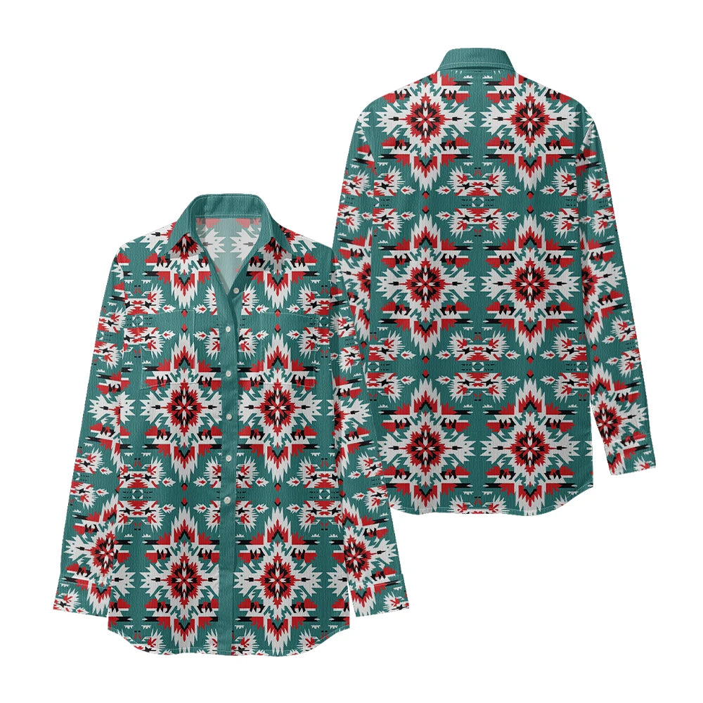 Ethnic-Inspired Long-Sleeve Women Shirt with Aztec Geometric Pattern Printed Front 2 Pockets Button-Up Retro Tribal Casual Style