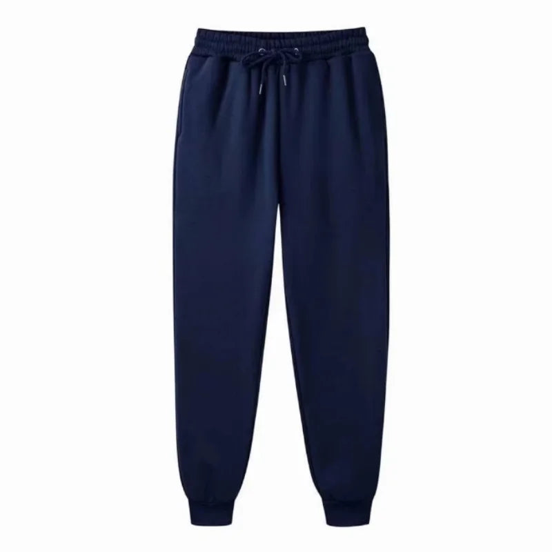 Pantalones de chándal de forro polar para hombre en algodón azul marino, con cintura elástica y cordón, adecuados para el uso casual en invierno.
