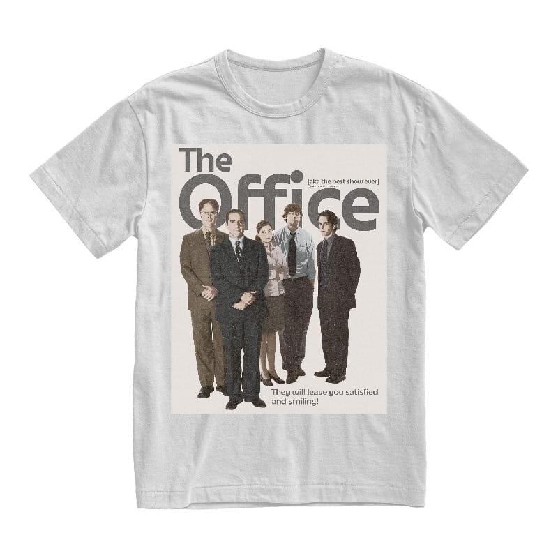 White cotton t-shirt featuring a vintage style graphic of the Office tv show cast with bold black text and the tagline they will leave you satisfied and smiling in a unisex design.