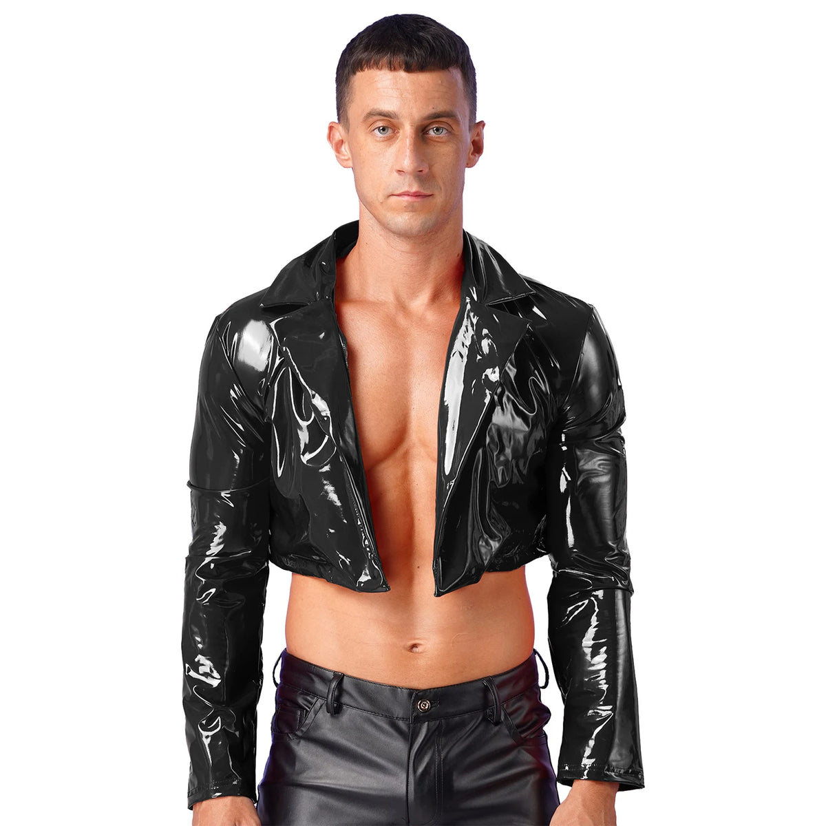 Mens Wet Look Long Sleeve Cropped Coat Lapel Patent Leather Jacket Motorcycle Coats Stage Performance Rave Party Costumes
