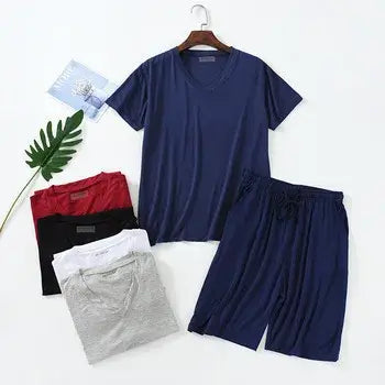 Set aus dunkelblauen Herren-Modal-Cotton-Loungewear-Shorts mit V-Ausschnitt-T-Shirt aus Baumwolle mit kurzen Ärmeln und passenden Shorts mit Kordelzug.