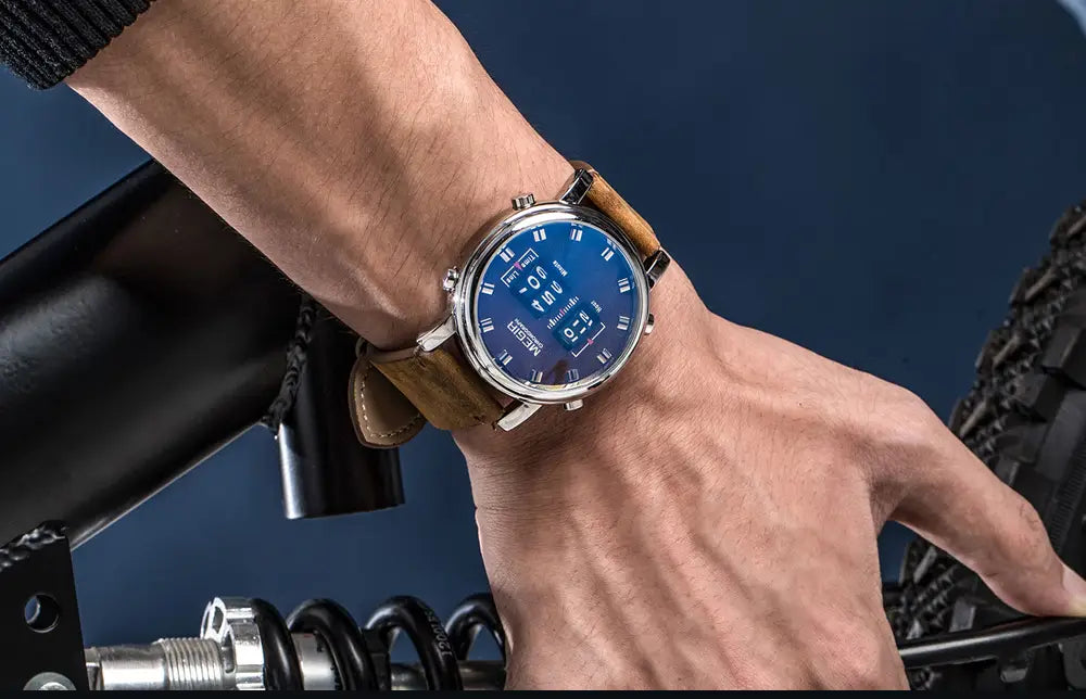 A megir military quartz watch with a sleek silver-toned case, blue digital display, and brown leather strap worn on a wrist.