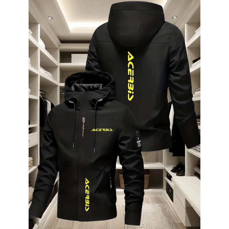 Men's off-road motorcycle style hooded jacket with BIS bright yellow logo print, windproof and multifunctional casual jacket