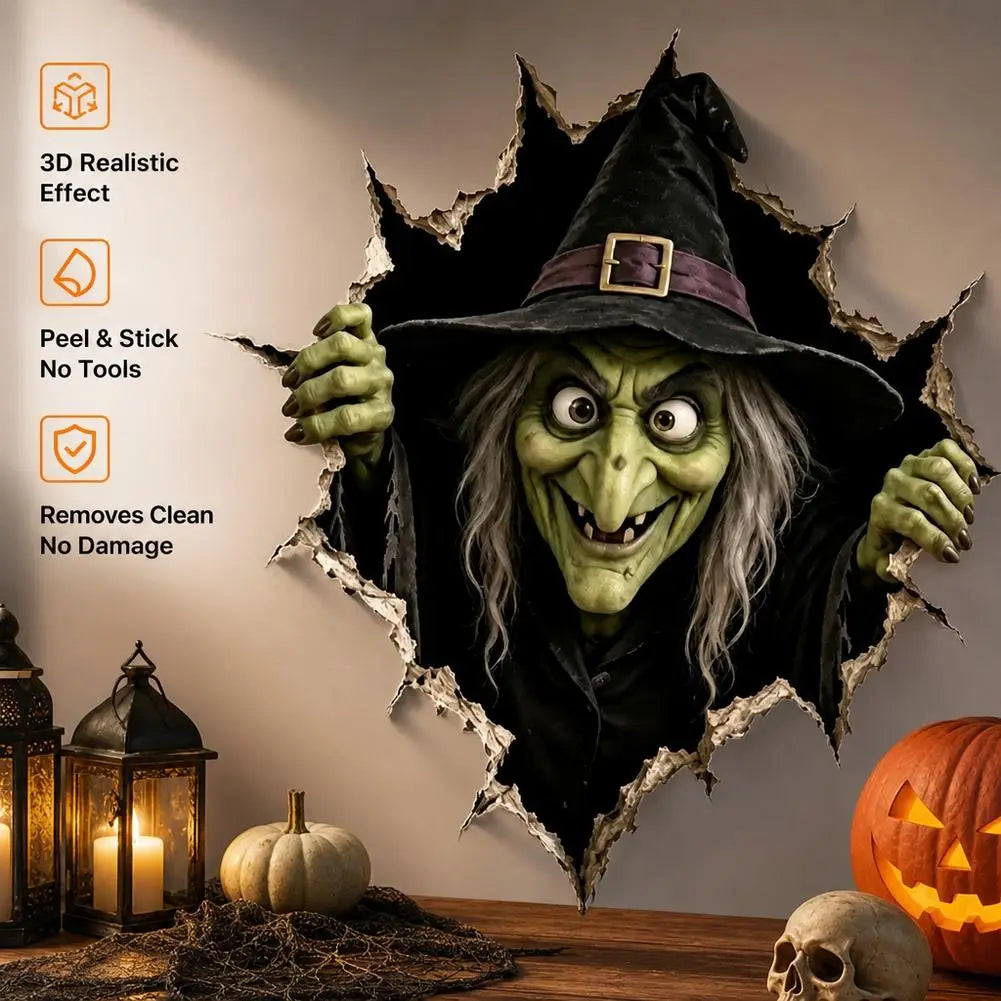 Une sorcière à la peau verte, aux longs cheveux gris, portant un chapeau noir pointu et une robe sombre, apparaissant à travers un autocollant mural 3D pour Halloween en papier, une déco pour papier effrayante.