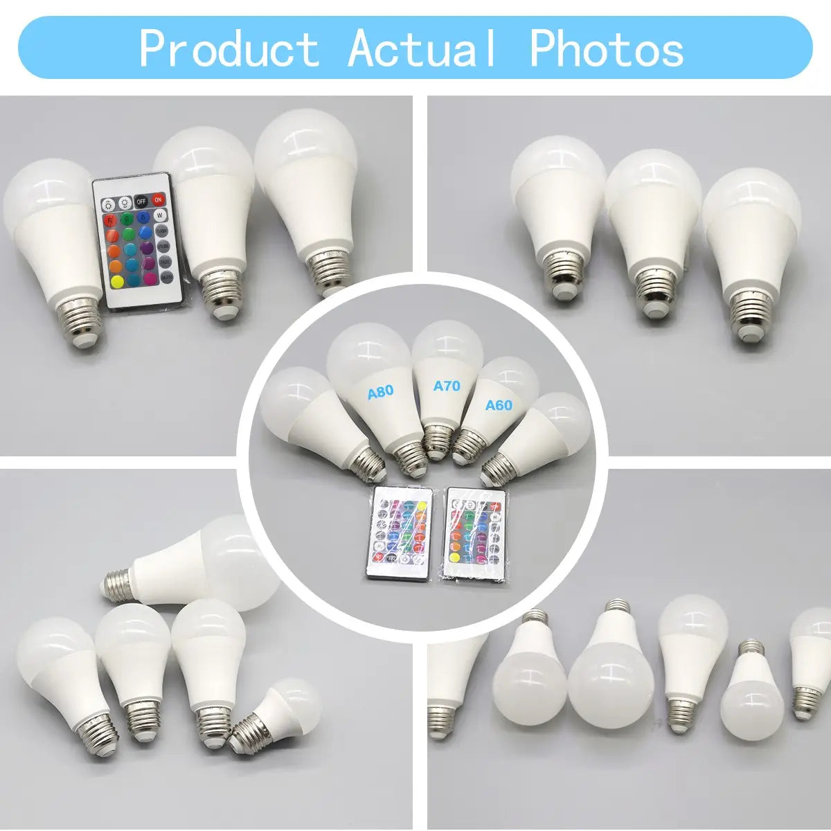 led bulb rgbw dimmable color changing spotlight with white light bulbs featuring metallic screw bases and a remote control with color changing buttons.