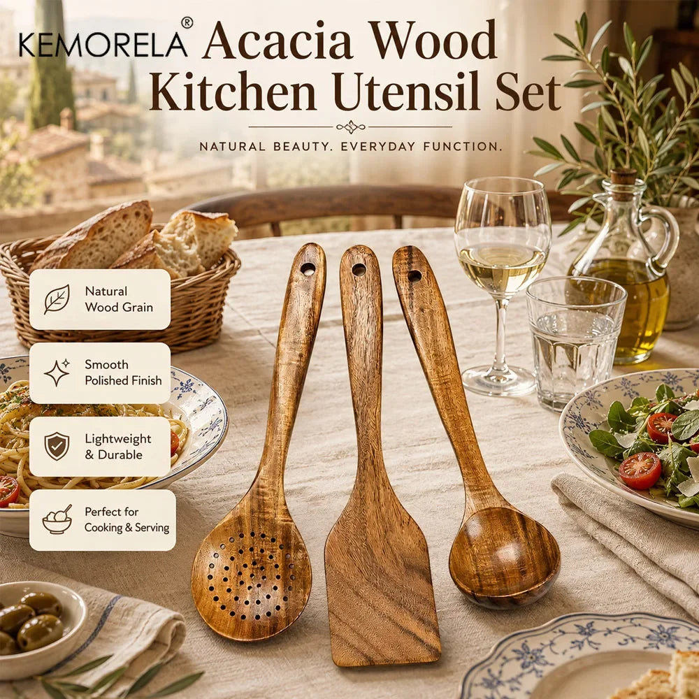 Wooden Kitchen Utensils Set 3PCS Acacia Wood Cooking Utensils Non-Stick Heat-Resistant Easy to CleanNatural Wooden Cooking Tools