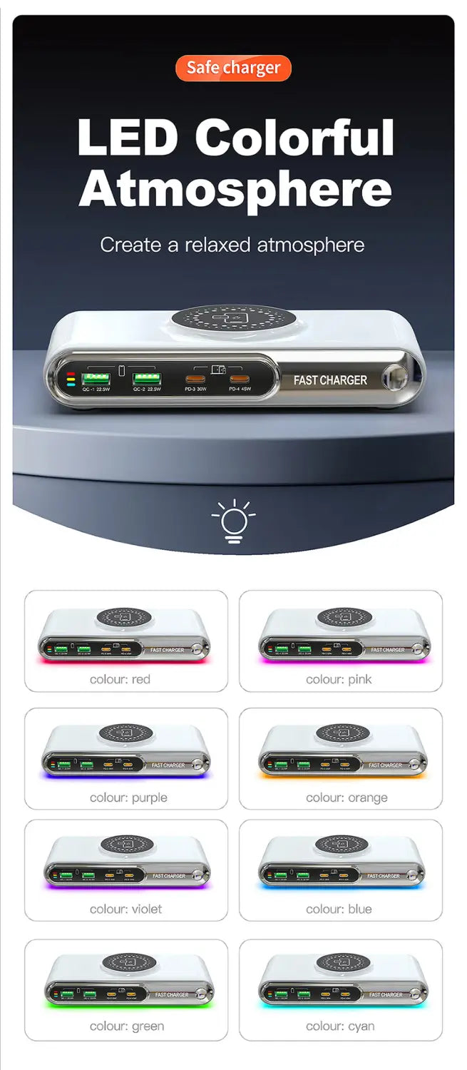 Silver rectangular 72w 6-in-1 wireless charging station with multiple usb ports and a circular led light panel on top featuring various colored lighting options.