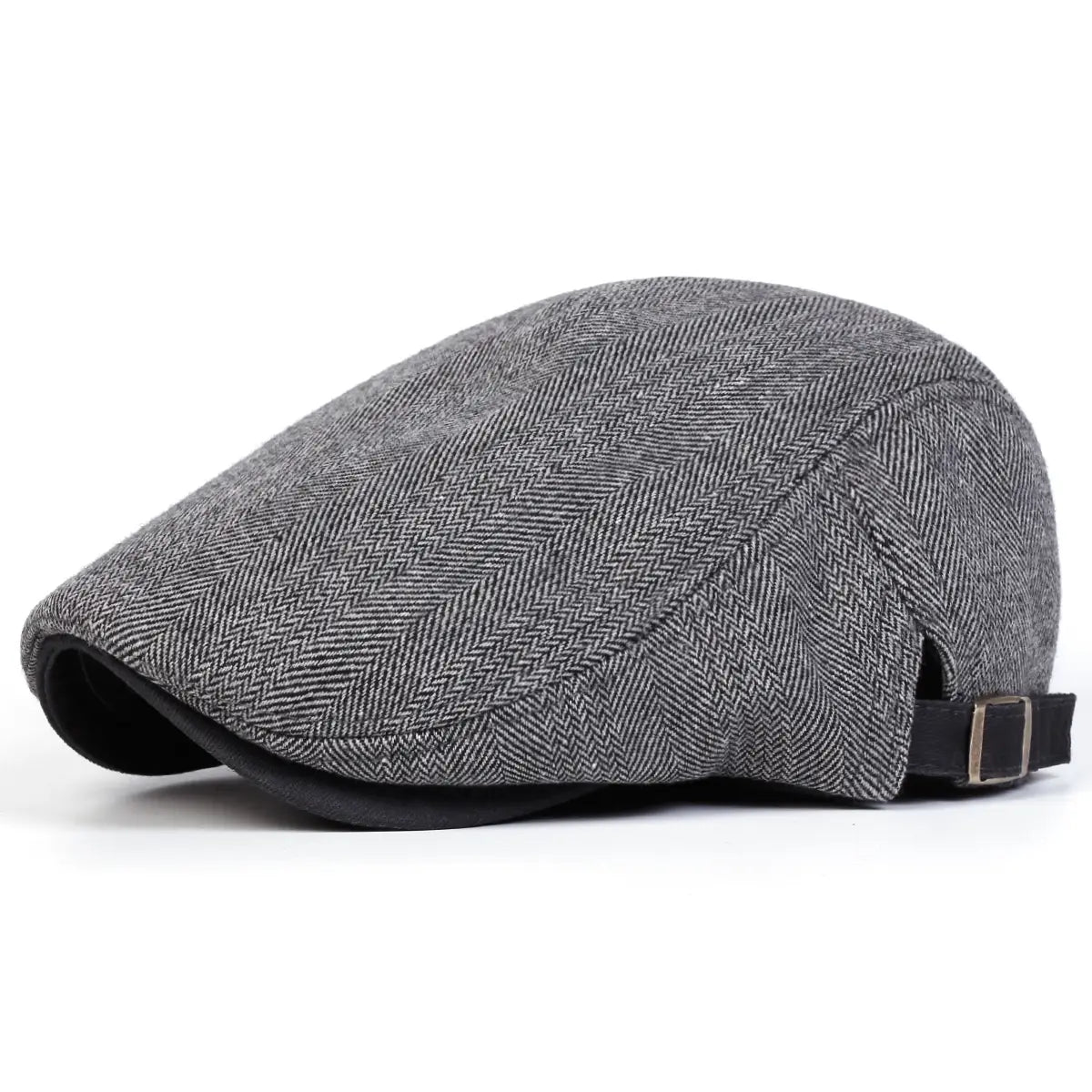 Herren graue Herringbone-Flat-Cap, von der Rückseite gezeigt, mit schwarzem verstellbarem Riemen und Schnalle für eine individuell anpassbare Passform