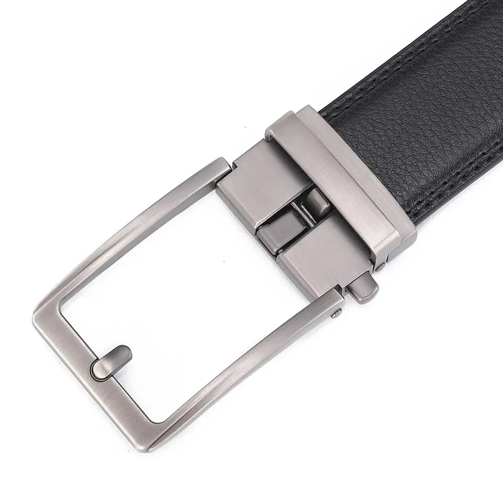 Black leather mens belt featuring a sleek silver toned automatic buckle designed for easy adjustment.