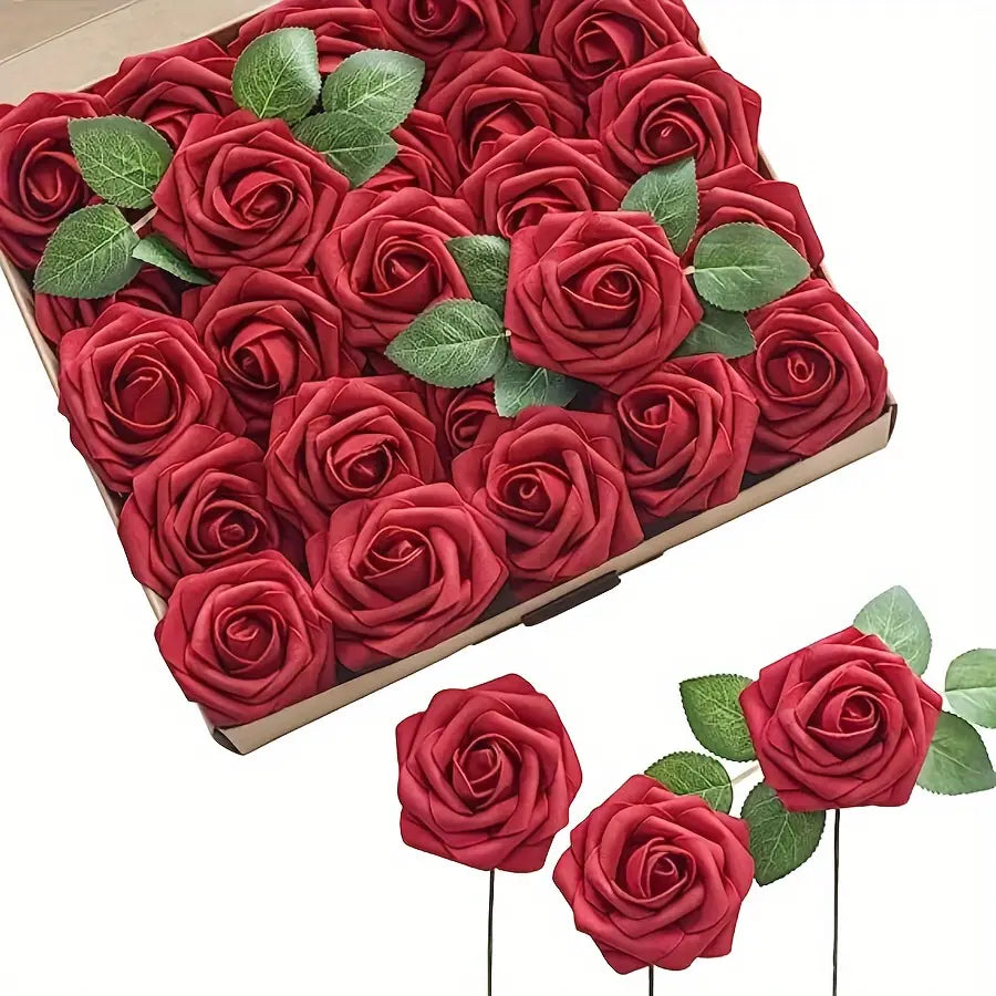 Un ensemble de roses de fleurs artificielles rouges vibrantes, avec des feuilles vertes et des tiges, disposées dans une boîte affichée sur des piquets fins, pour la décoration.