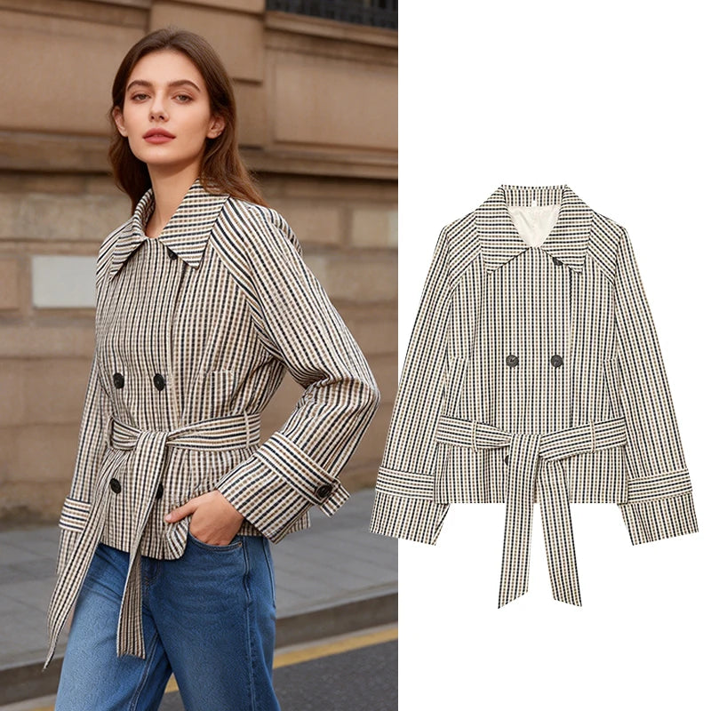 Women's Trench Fashion Plaid Lace-up Short Trench Jacket Autumn Women Jacket Coat Casual New Outerwear