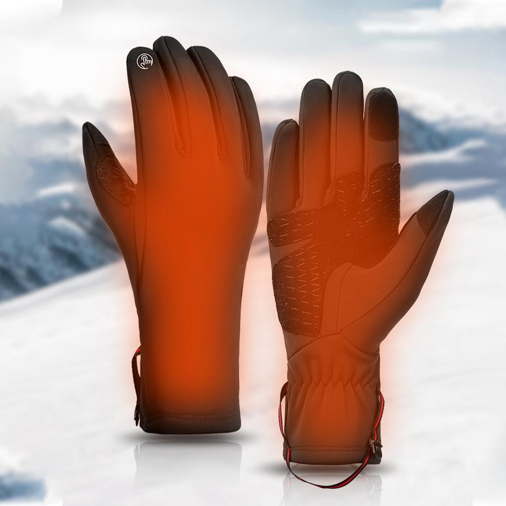 Gants d’hiver chauffants USB oranges et chauds pour femmes, avec des accents noirs et des panneaux de prise texturée, présentés de l’arrière dans un design à écran tactile étanche.
