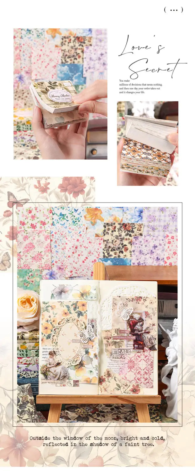 A delicate rectangular vintage scrapbooking paper pad featuring floral and botanical designs in soft pastel hues for journaling supplies.
