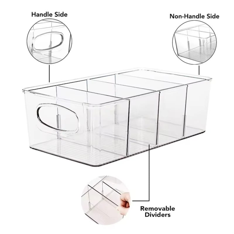 Clear plastic food storage bin with handle and removable dividers for pantry organization and food container storage bins.