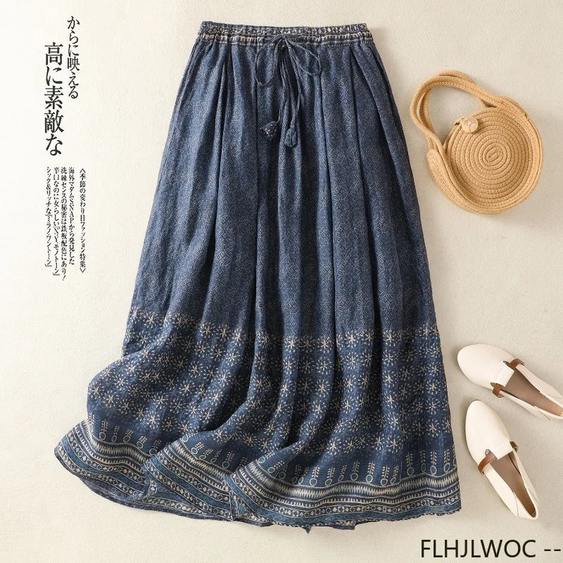 Bohemian Ethnic Style Lined Soft Linen Skirts Retro Vintage Cute Sweet Girls Blue Classic Thai Style Long Maxi Skirt