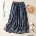 Bohemian Ethnic Style Lined Soft Linen Skirts Retro Vintage Cute Sweet Girls Blue Classic Thai Style Long Maxi Skirt