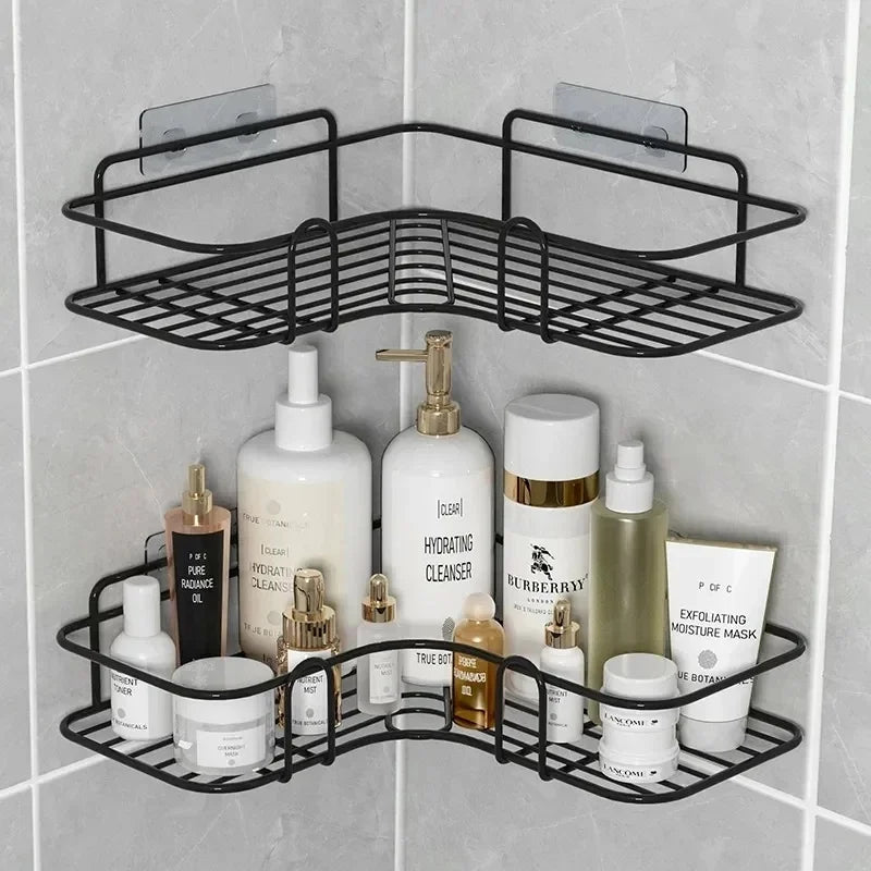Bathroom Kitchen Punch Corner Frame Shower Shelf Wrought Iron Shampoo Storage Rack Holder with Suction Cup Bathroom Accessories