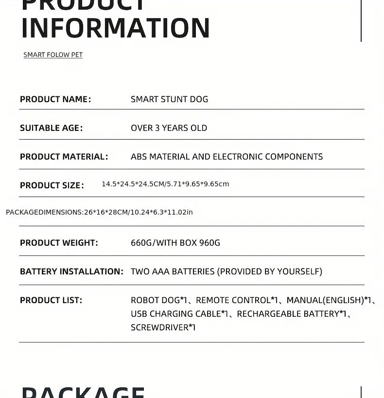 Smart stunt dog made of abs material and electronic components featuring a rechargeable battery and remote control designed for pets over three years old.