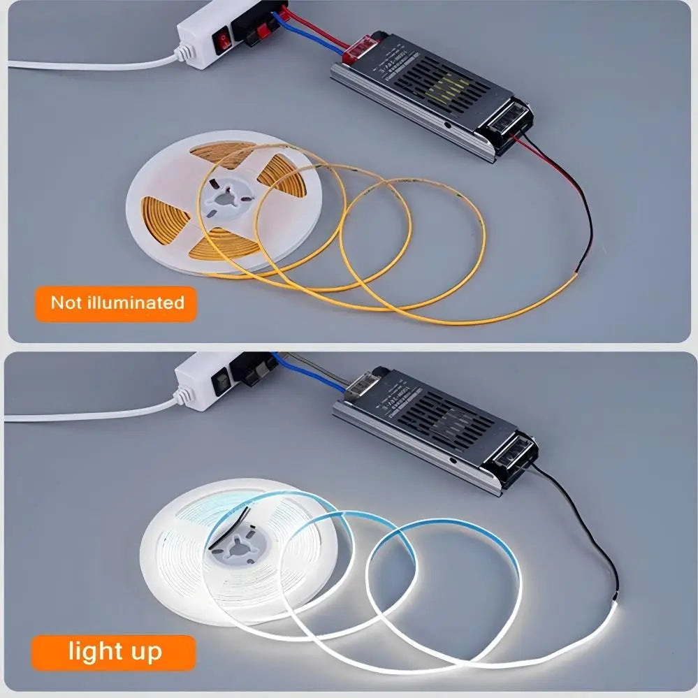 Tira LED COB ultrafina y flexible que muestra los estados tanto sin iluminar como con luz blanca cálida para decoración del hogar de bricolaje.