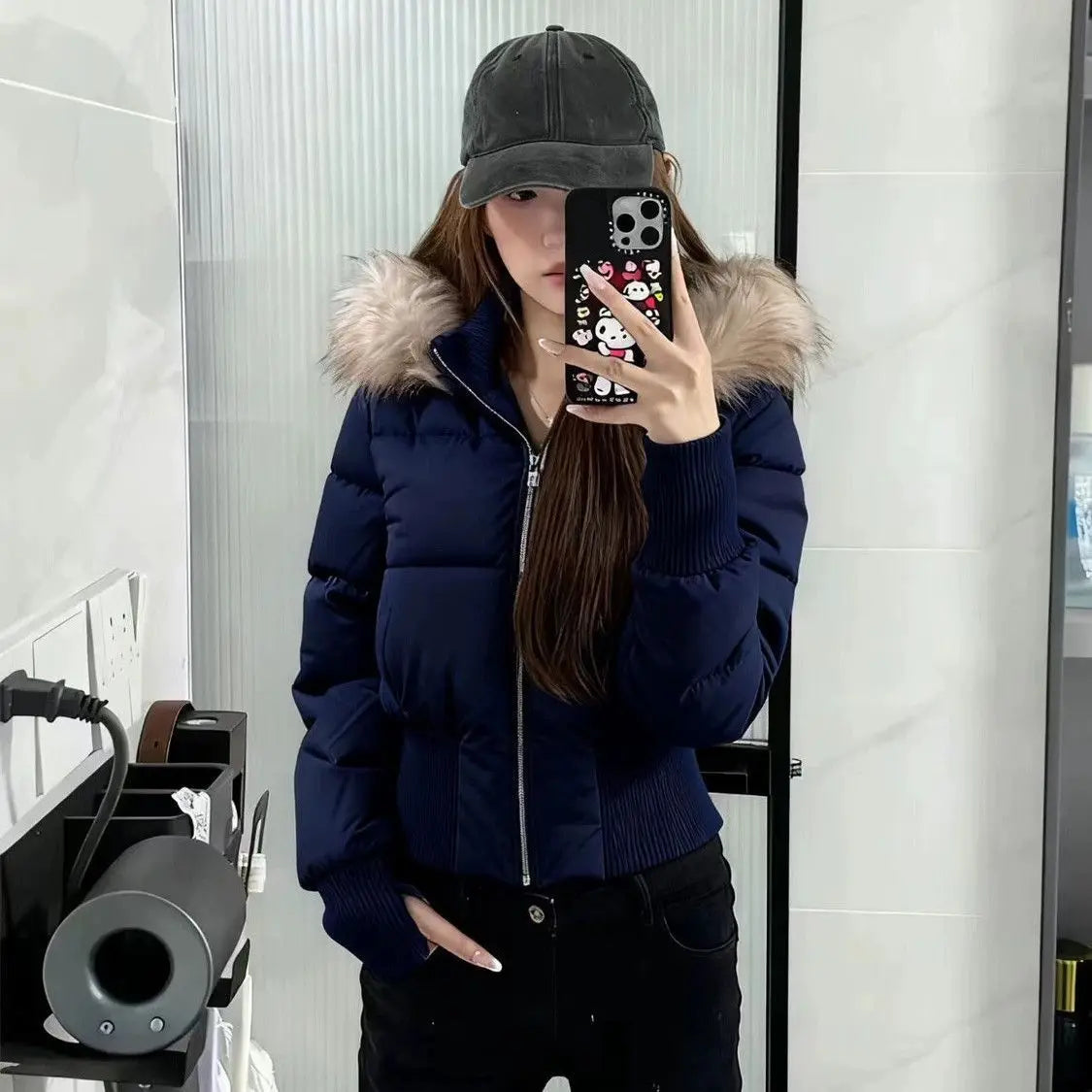 Winter Fur Collar Hooded Cropped Puffer Jacket Women's Warm Cotton Padded Jacket Short Top Windproof Coat Y2K High Waist