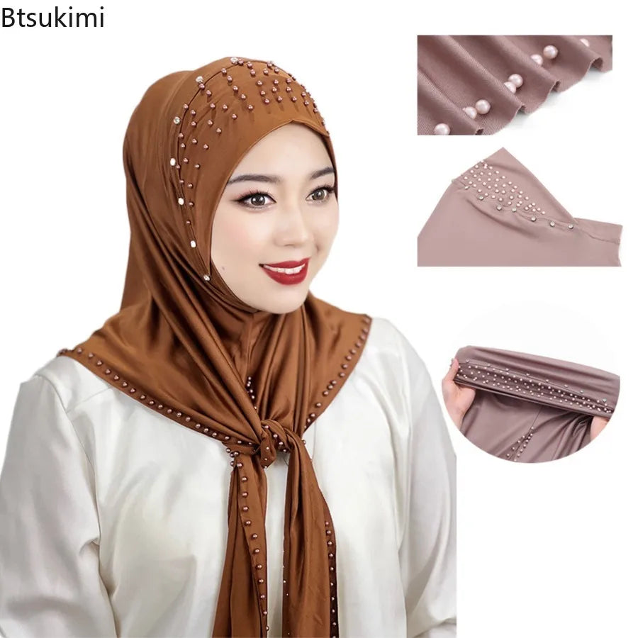 New Women's Headscarf Convenient Pullover Caps Muslim Hijabs Bead Scarf Malay Solid Color Long Shawls Islam Head Warp for Women