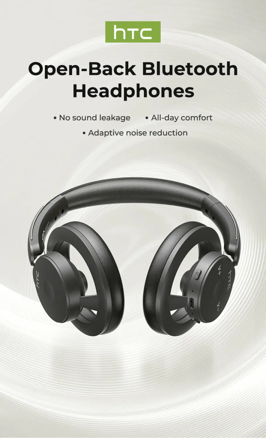 Les écouteurs sans fil bluetooth noirs htc hp06 à dos ouvert présentent un design élégant et minimaliste, avec des coussinets d’oreille doux assurant une réduction du bruit et une longue durée de vie de la batterie.