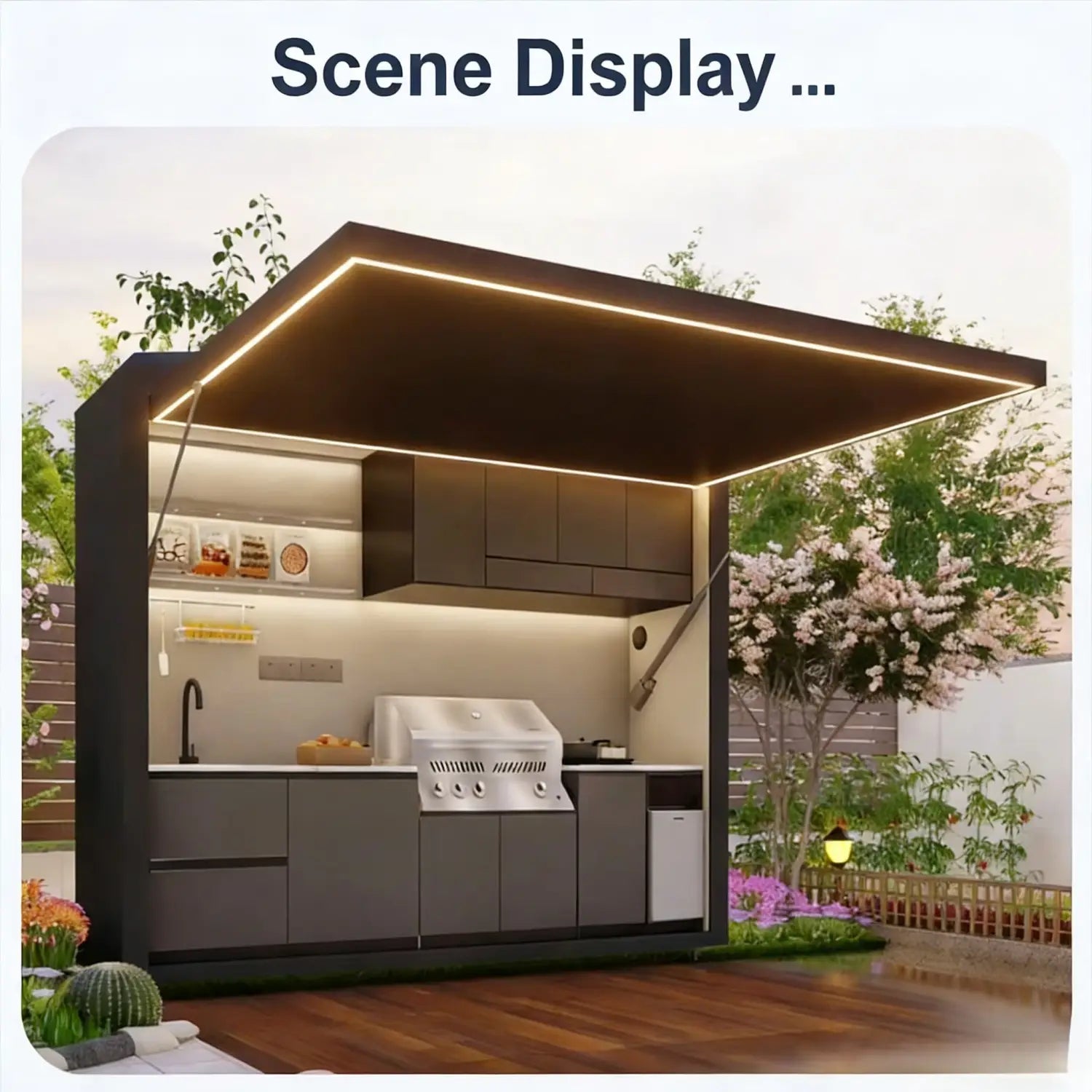 Modern modular kitchen outdoor cabinet set featuring sleek dark gray outdoor cabinets with a stainless steel grill and integrated LED lighting along the roof edge designed for enhanced customer service and functionality.