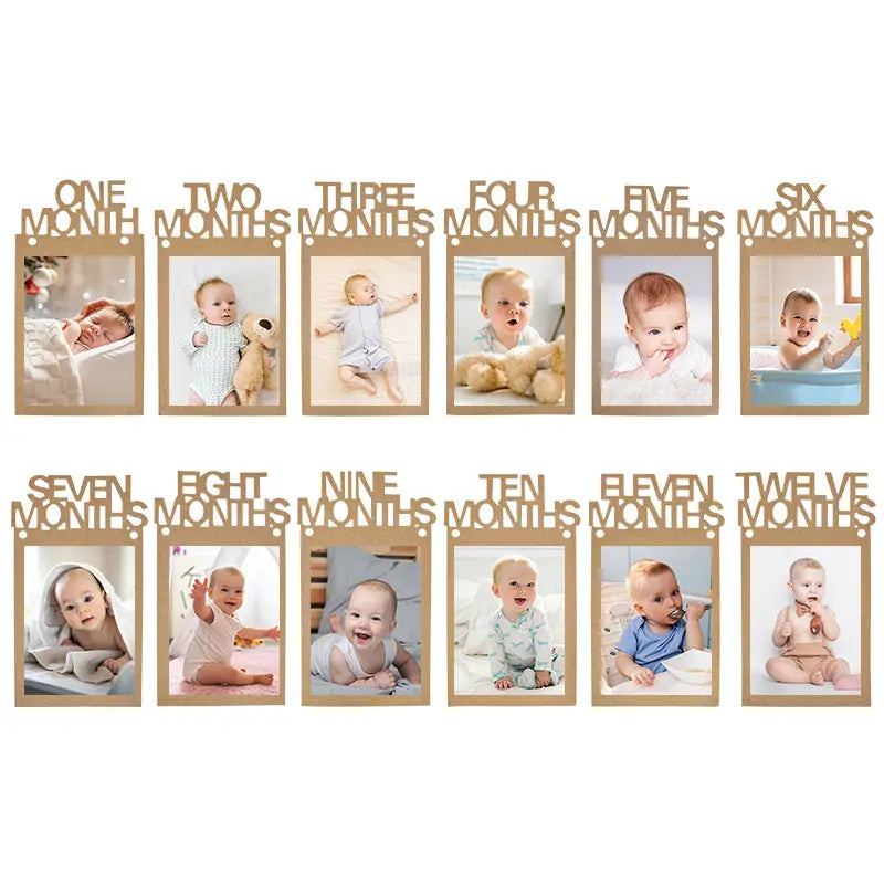 light brown wooden 1st birthday photo banner monthly picture garland featuring a baby milestone frame set with each slot labeled by month