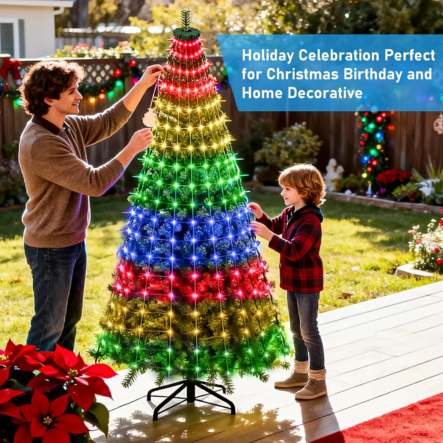 A vibrant multi-colored USB Christmas tree decoration light with a tiered design and festive red green yellow blue and gold LED lights for indoor and outdoor mood lighting.