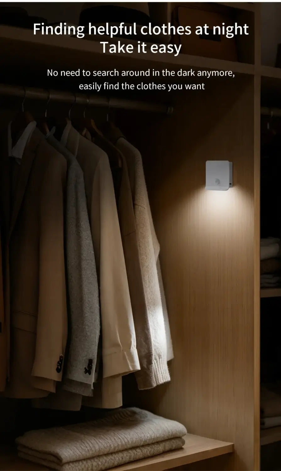 White square wall-mounted rechargeable led cabinet lamp with motion sensor night light emitting a soft warm glow.