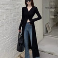 Chic V-neck Black Long Sleeve Shirts Women Slim Cardigan Autumn Mid-length Tops Y2k Windbreaker Streetwear Thin Blouses Trench