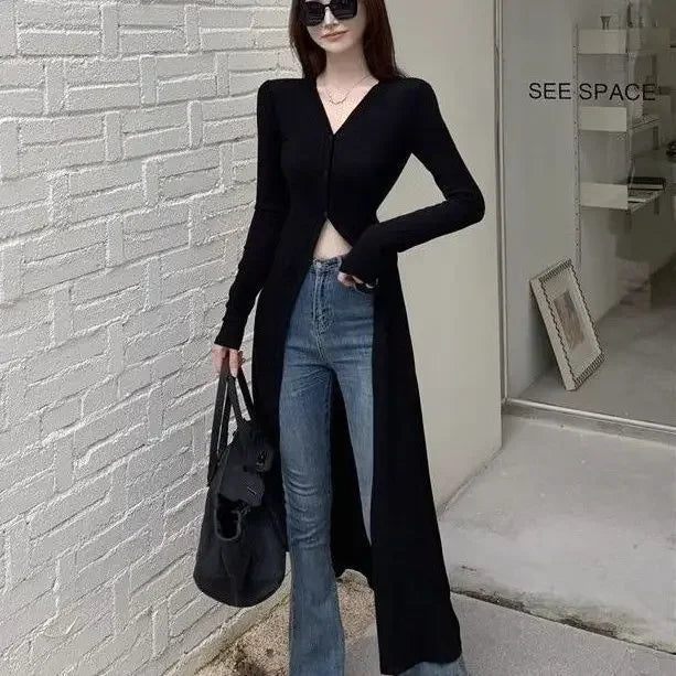 Chic V-neck Black Long Sleeve Shirts Women Slim Cardigan Autumn Mid-length Tops Y2k Windbreaker Streetwear Thin Blouses Trench