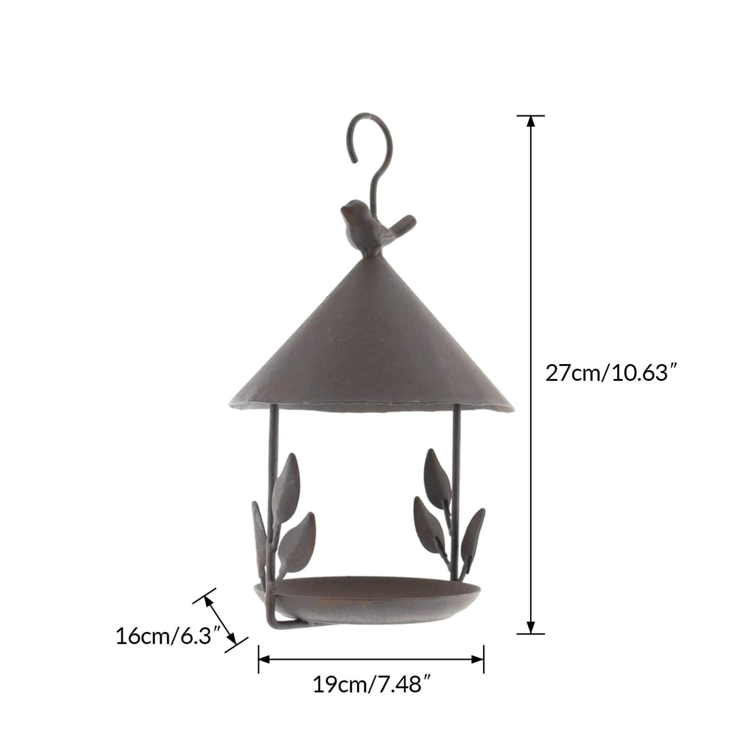Feeder Hanging Pet Bird Feeder for Various Pet Birds Feeding Supplies Outdoor gray metal bird feeder with conical roof leafy side accents and perched bird figurine designed for hanging in garden outdoor use