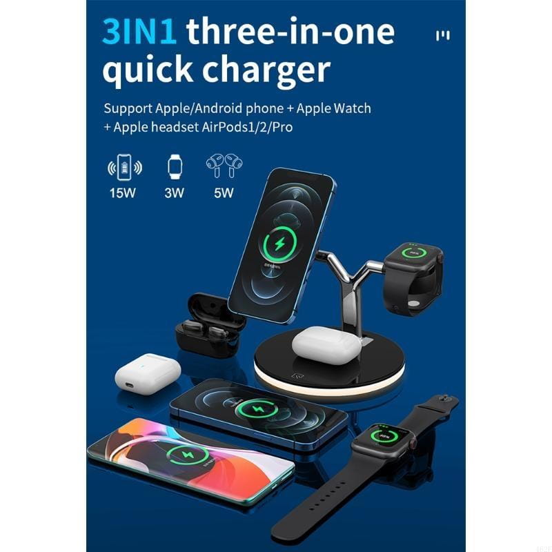Soporte cargador inalámbrico magnético multifunción tres en uno negro y plata con base circular, brazo con forma de Y para el teléfono y el reloj, ranura independiente para el estuche de AirPods y potencia de salida de 15 W.