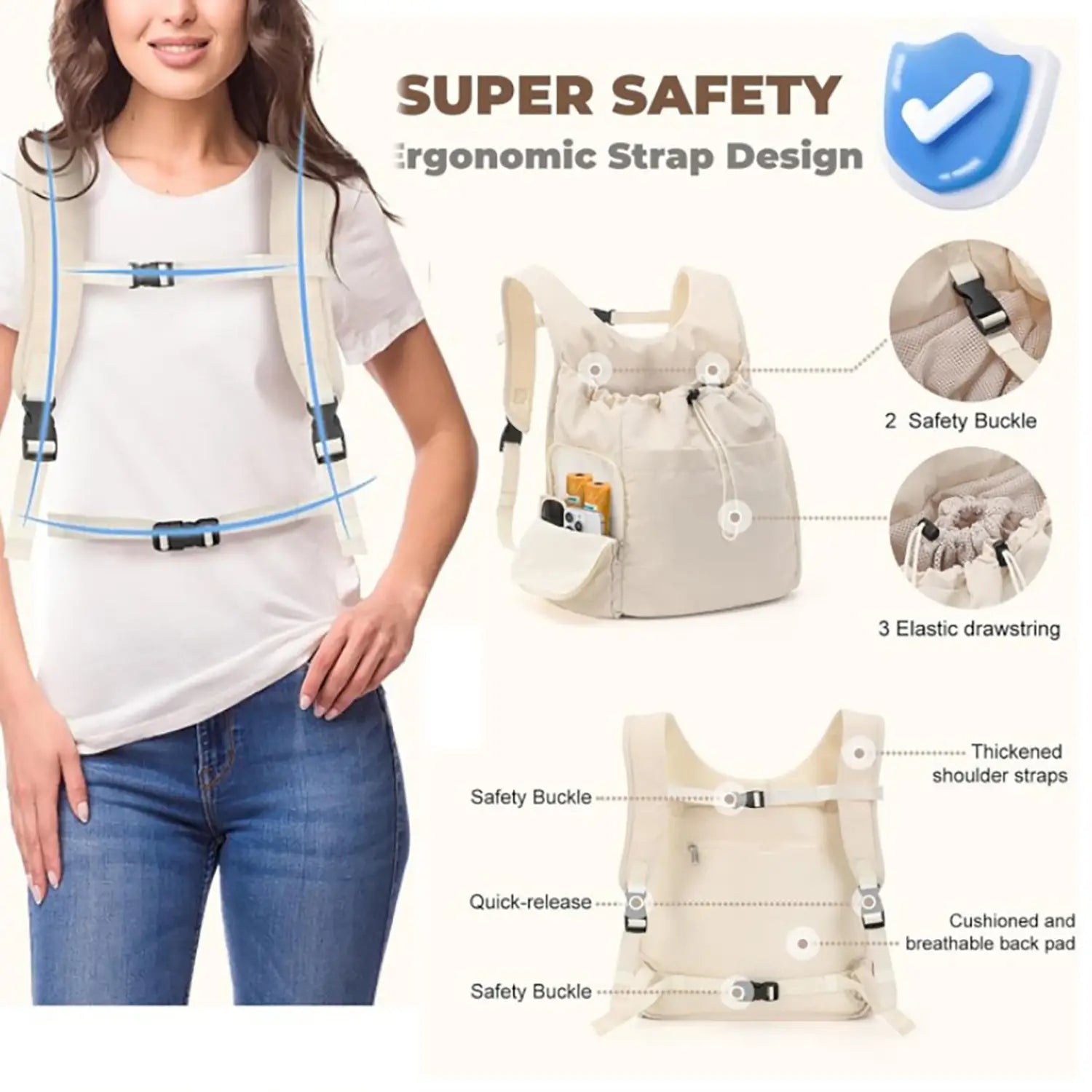 Sac à dos de transport pour animaux beige pour la poitrine, le cou et le dos, avec bretelles d’épaule réglables et boucles de sécurité, conçu comme un transporteur souple pour chats et chiens