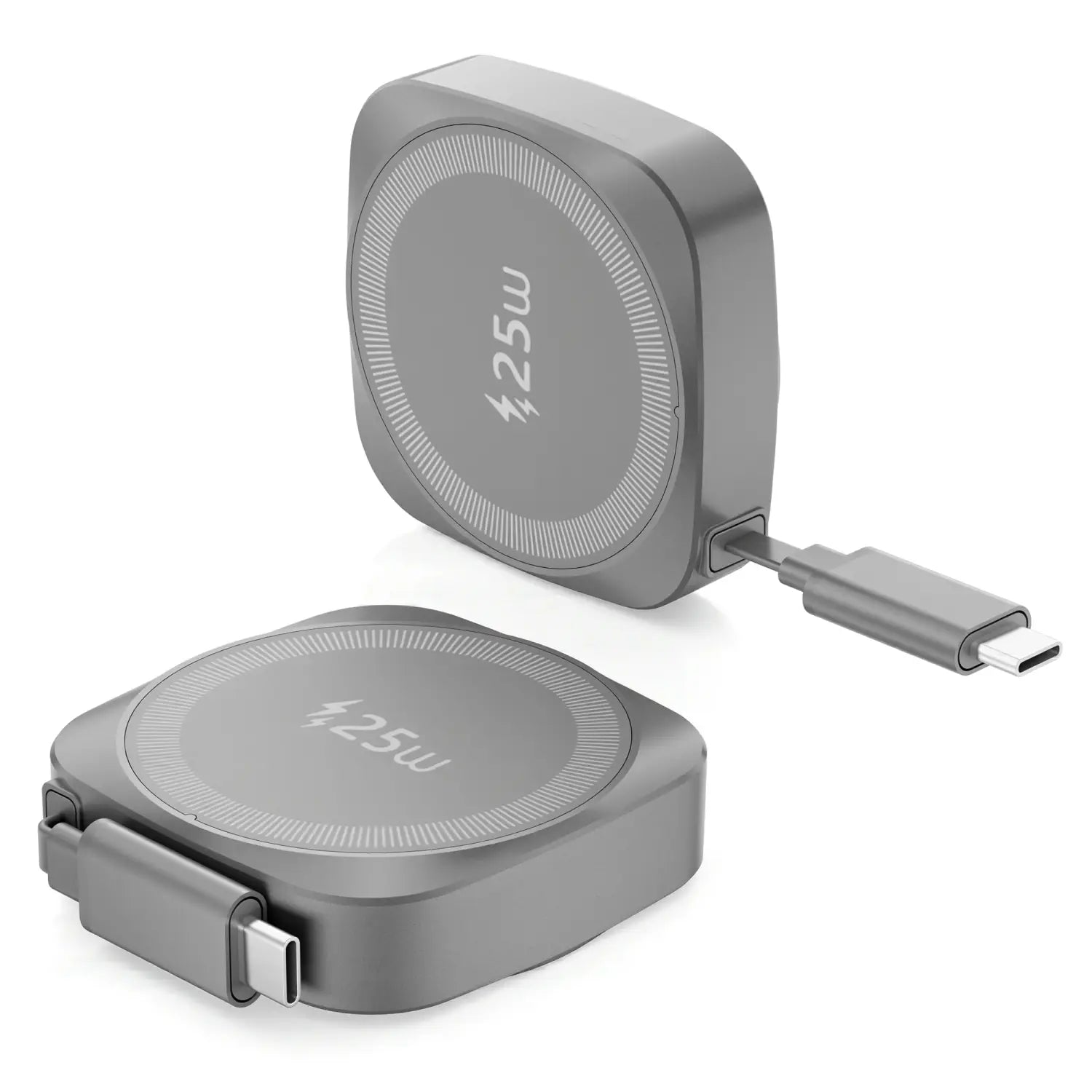 Graues Metallisches 25-W-Ladepad für kabelloses Laden mit ausziehbarem USB-C-Kabel, dargestellt im orangefarbenen 25-W-Magnet-Ladeadapter für kabelloses Laden für iPhone-Produkt.