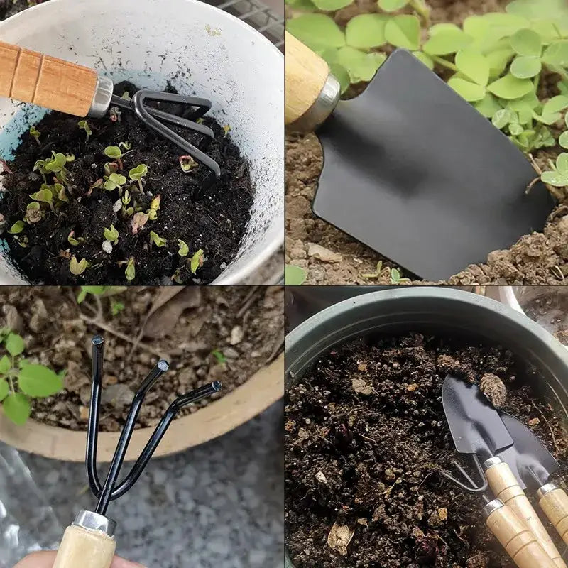 Paleta de jardín de metal negro con mango de madera clara del set de herramientas de jardinería en miniatura con mango de madera de 3 piezas