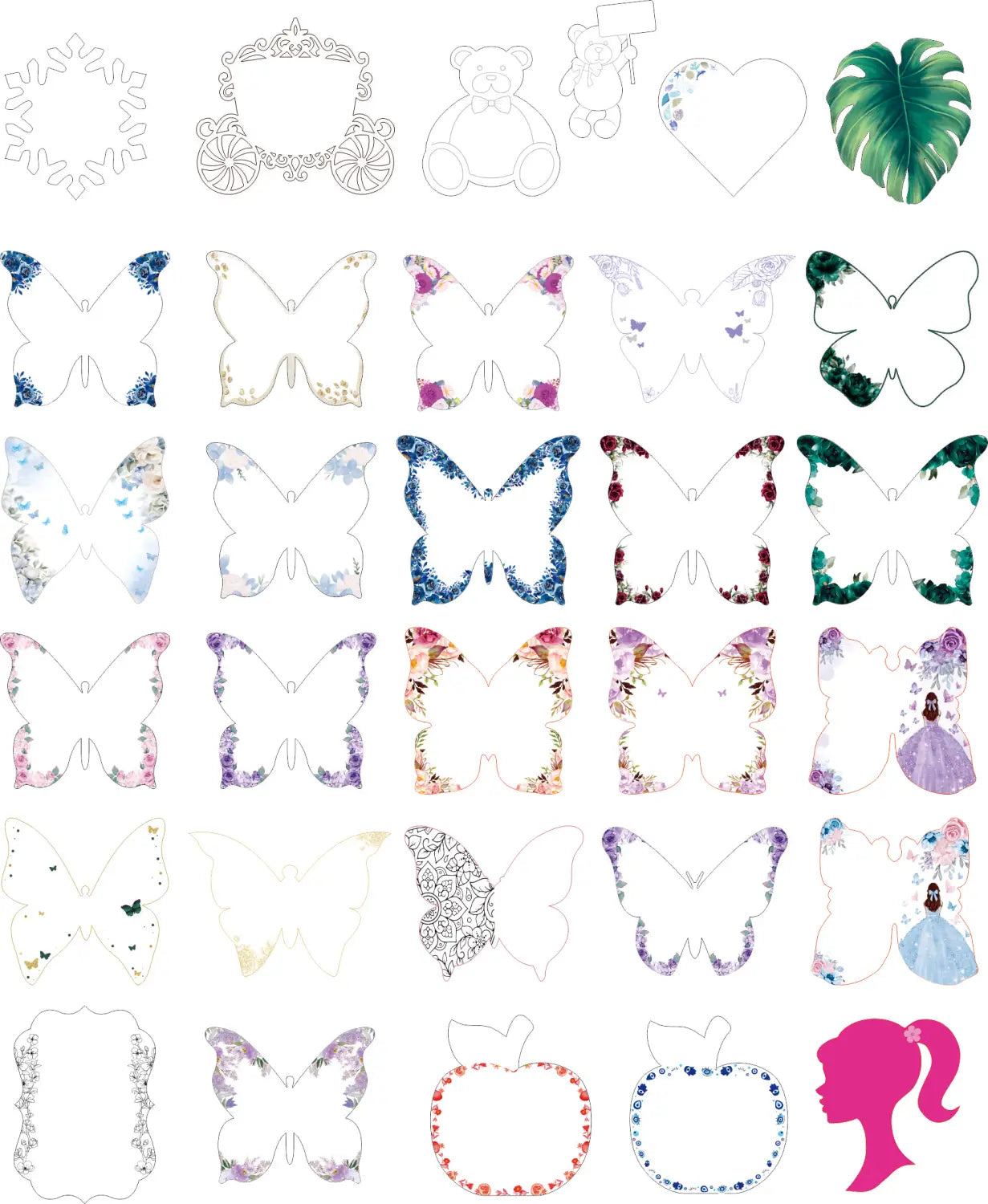 A collection of 10pcs Jewish blessing card acrylic keychain party favors featuring decorative butterfly-shaped cutouts in vibrant blue purple green and pink floral and patterned designs.