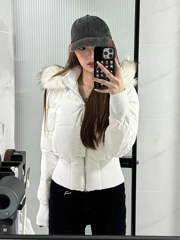 Autumn & Winter High-Waisted Cropped Jacket Sweet Warm Cotton Padded Coat Women Fur Collar Hooded Jacket Y2k Parkas Streetwear