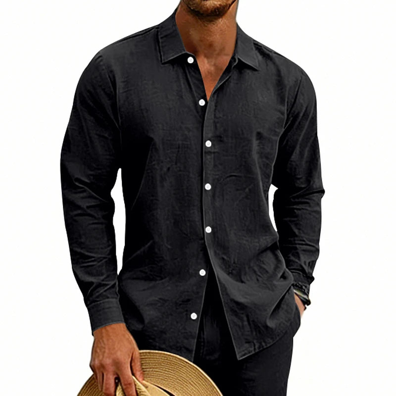 Black long-sleeved button-up shirt with white buttons and subtle textured fabric featured in a men beige linen long sleeve casual shirt product.